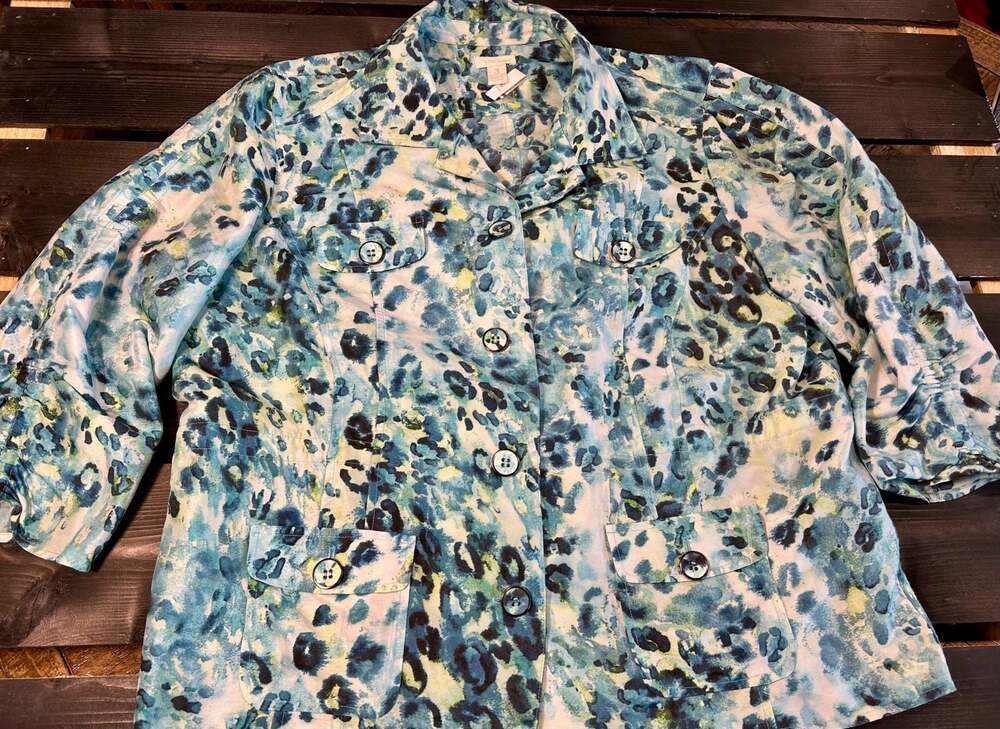 Chico's Blue & Green Abstract Animal Print Button-Down Jacket with Ruched Sleeve